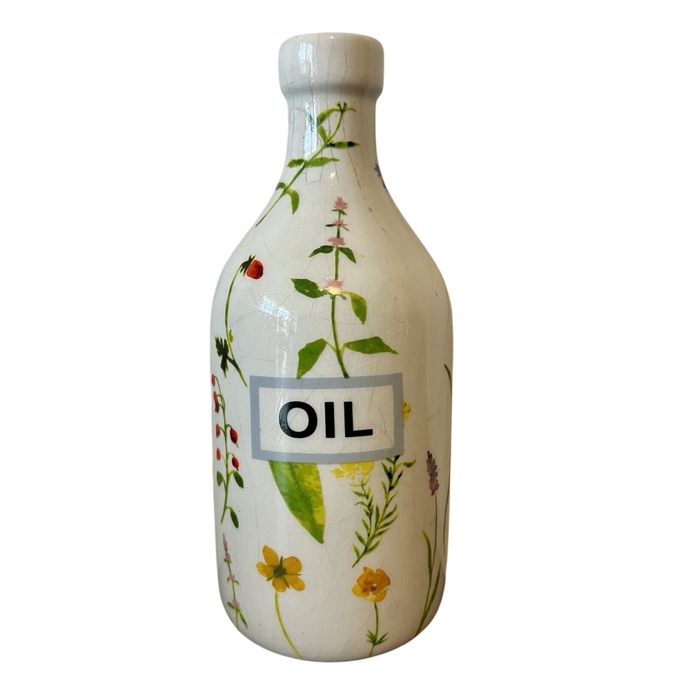 Orly Maison Ceramic Floral Oil Cruet Bottle Crackle Glaze White Botanical 7.5"